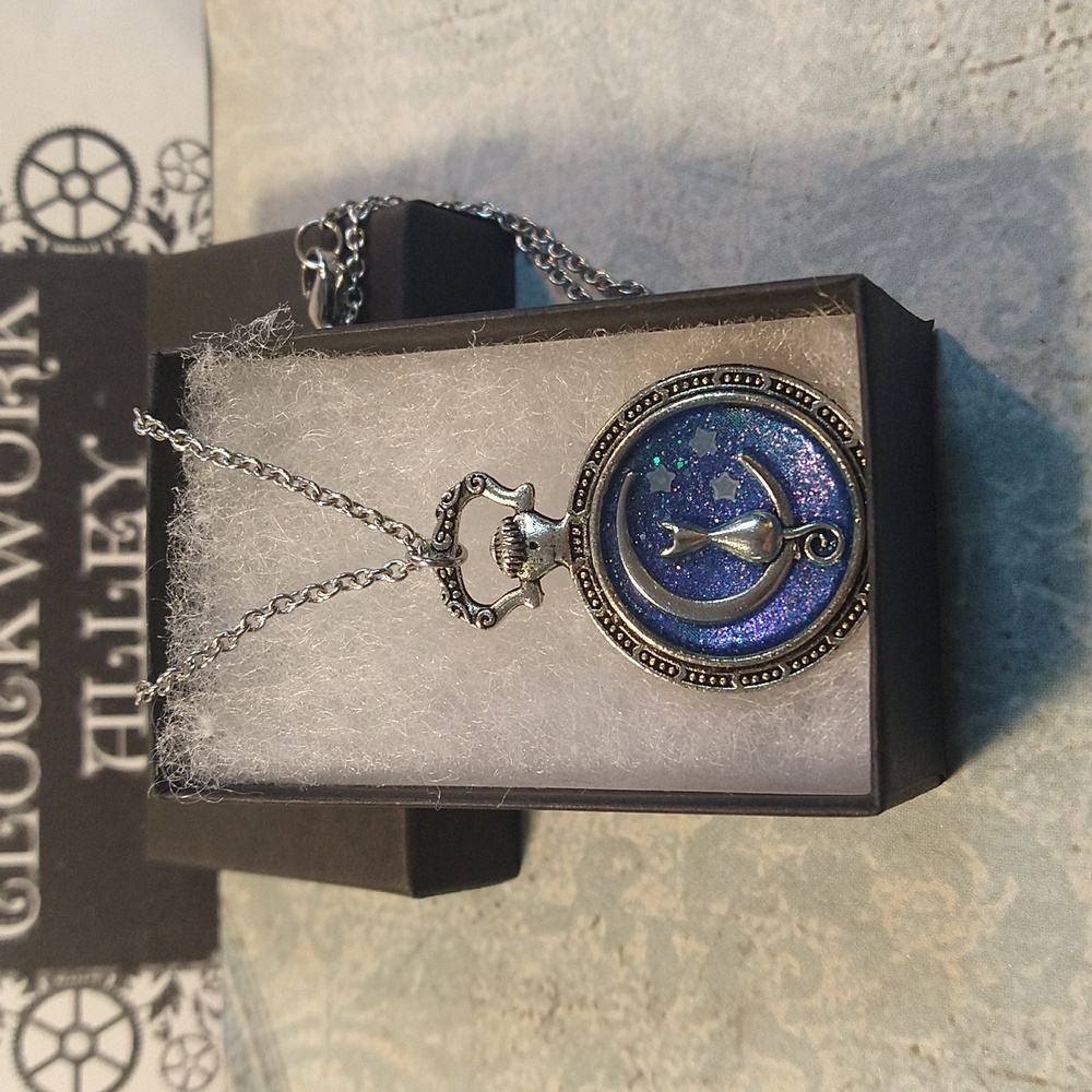 Cat Sitting on Moon with Glow in the Dark Stars Pendant Necklace